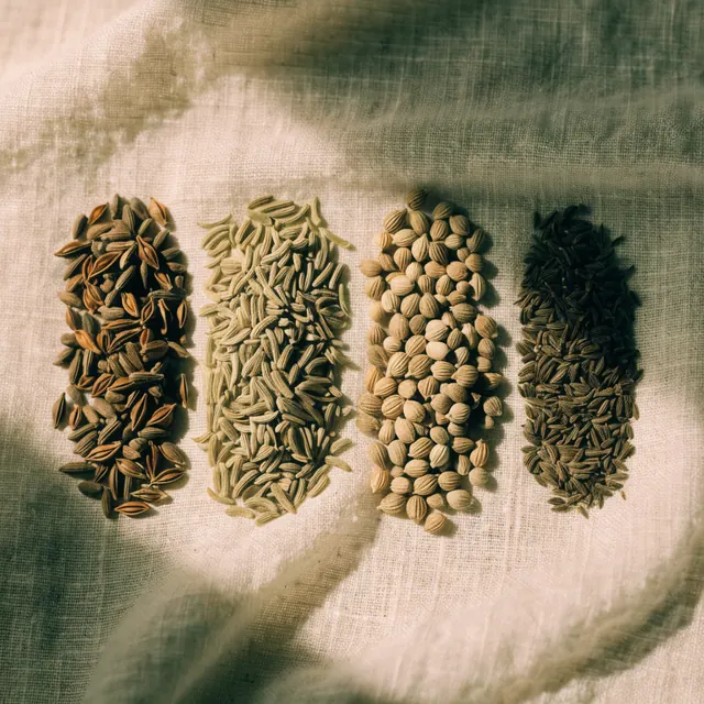 Anise, fennel, coriander and caraway seeds
